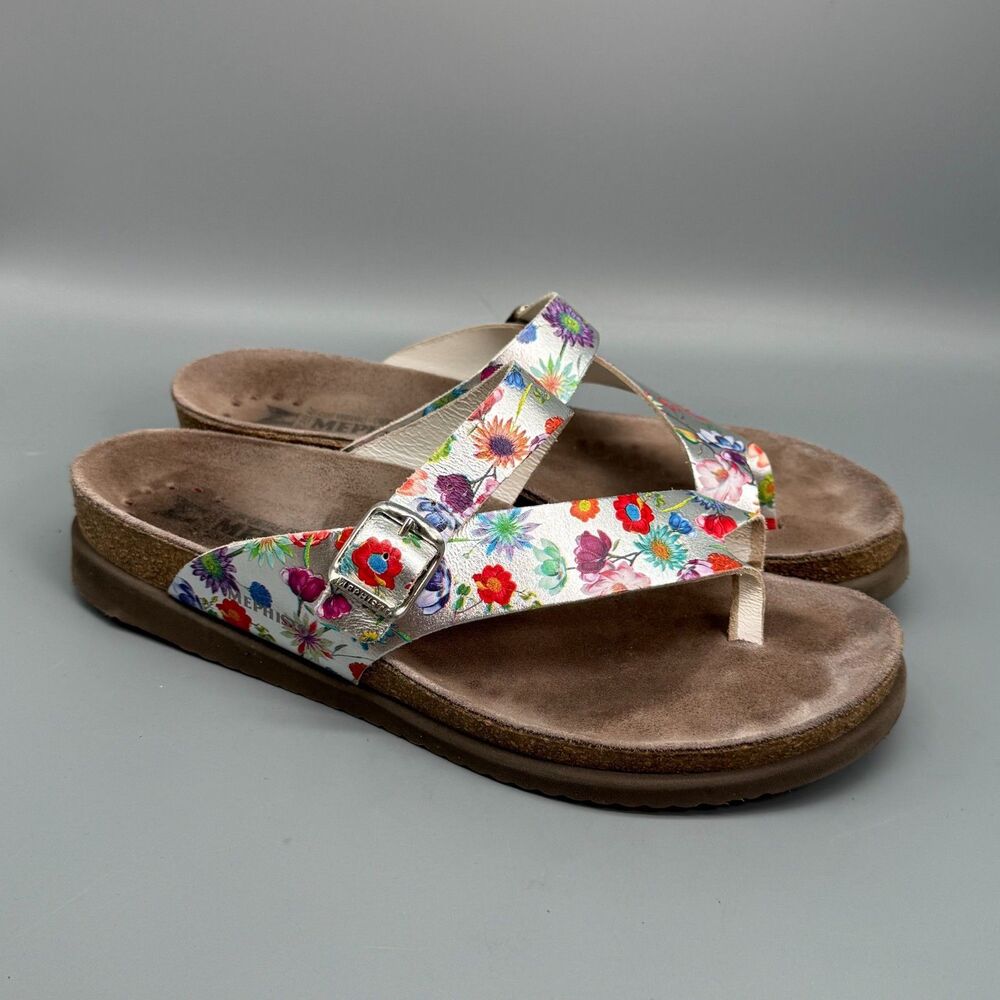 Mephisto Helen Women's 10 White Floral Leather Thong Toe Sandals Slip-On Comfort